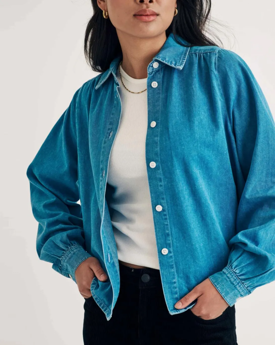 Nobody's Child Indigo Denim Andra Blouse with White Stich Collar