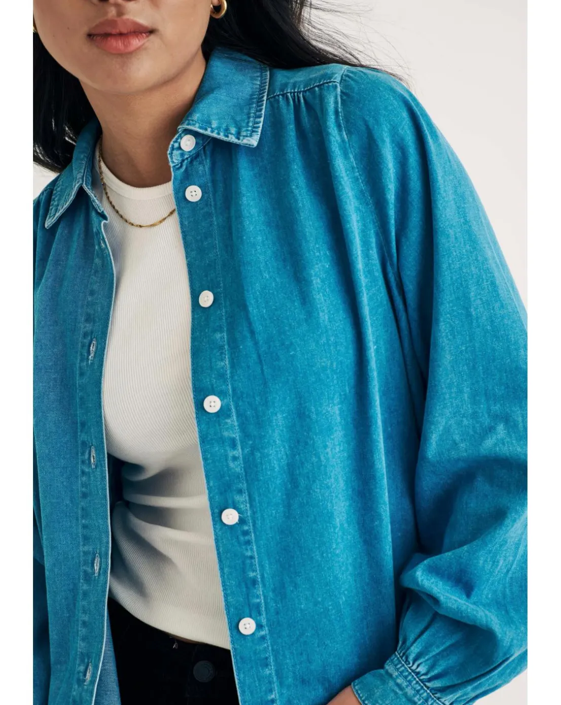 Nobody's Child Indigo Denim Andra Blouse with White Stich Collar