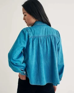 Nobody's Child Indigo Denim Andra Blouse with White Stich Collar