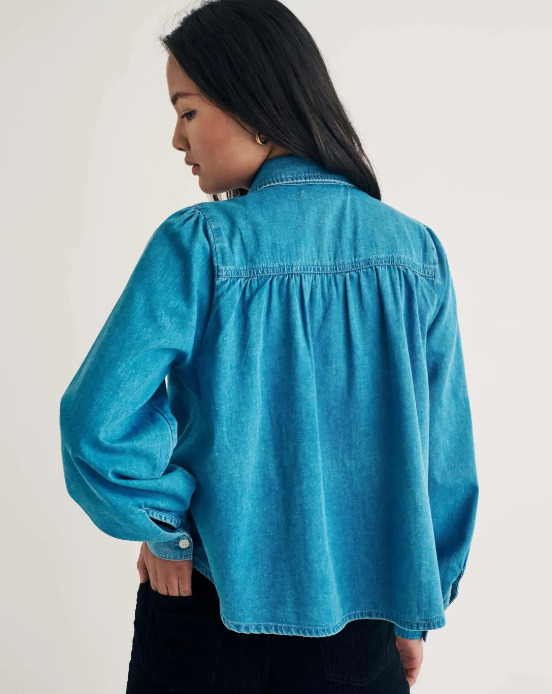 Nobody's Child Indigo Denim Andra Blouse with White Stich Collar