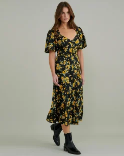 Nobody's Child Kimberly Midi Dress Yellow and Black Ditsy Floral