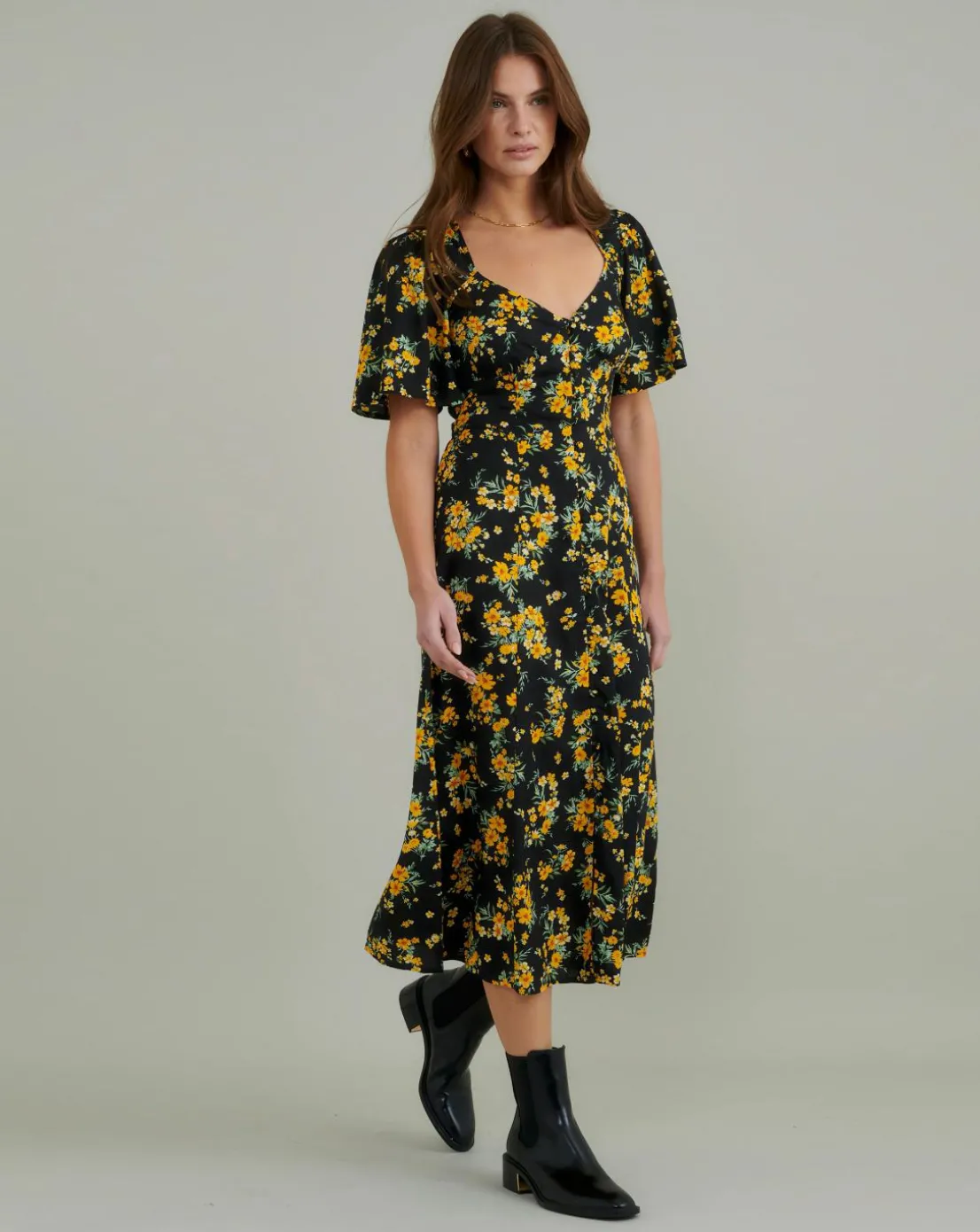 Nobody's Child Kimberly Midi Dress Yellow and Black Ditsy Floral