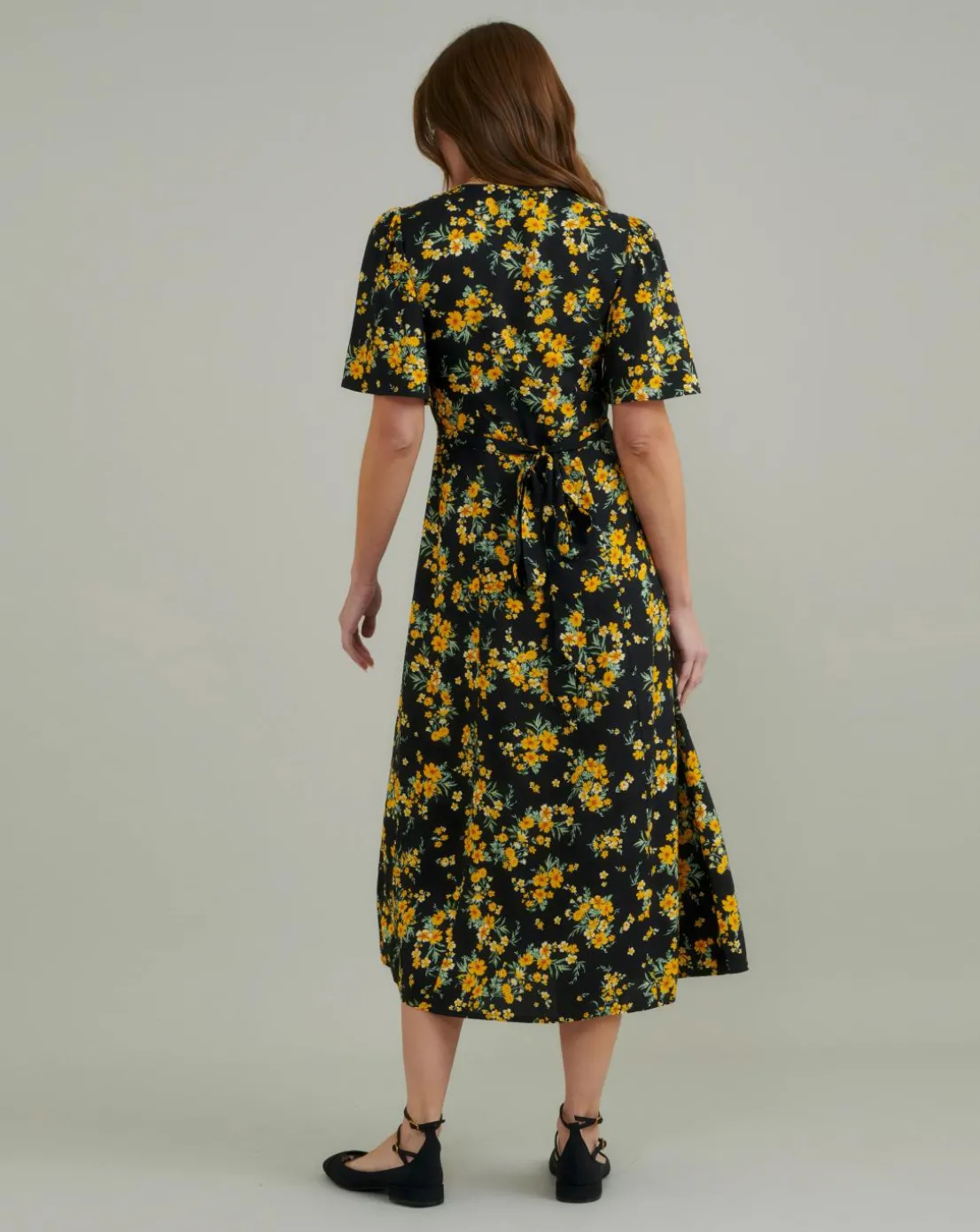 Nobody's Child Kimberly Midi Dress Yellow and Black Ditsy Floral