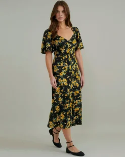 Nobody's Child Kimberly Midi Dress Yellow and Black Ditsy Floral