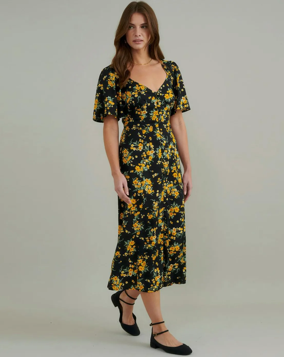 Nobody's Child Kimberly Midi Dress Yellow and Black Ditsy Floral