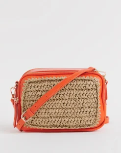 Orange Detail Raffia Camera Bag
