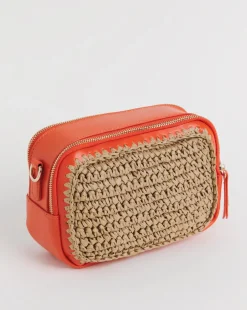 Orange Detail Raffia Camera Bag