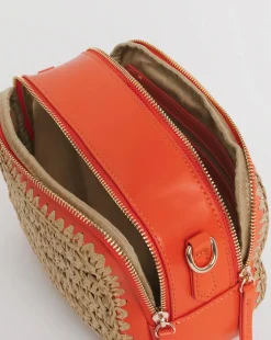 Orange Detail Raffia Camera Bag
