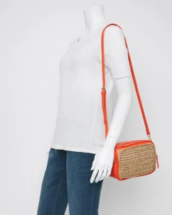 Orange Detail Raffia Camera Bag