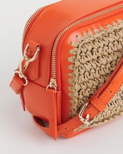 Orange Detail Raffia Camera Bag