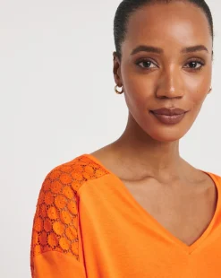 Orange V Neck Lace Back Long Sleeve Top