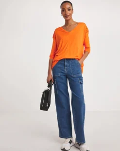 Orange V Neck Lace Back Long Sleeve Top