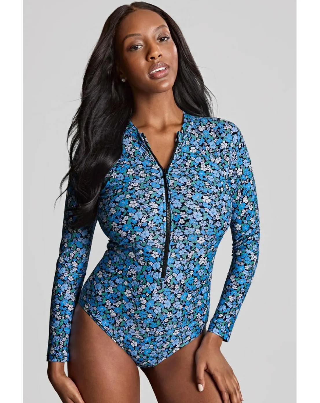 Panache Grace Long Sleeved Non Wired Swimsuit Blue Posy Print