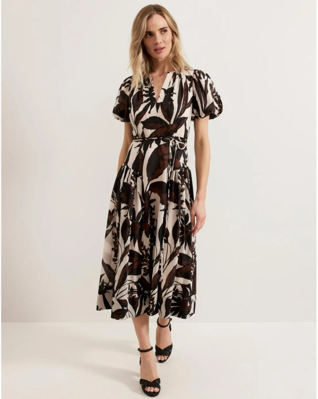 Phase Eight Zarah Printed Puff Sleeve V Neck Midi Dress