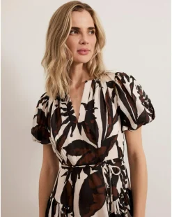 Phase Eight Zarah Printed Puff Sleeve V Neck Midi Dress