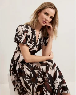 Phase Eight Zarah Printed Puff Sleeve V Neck Midi Dress