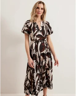 Phase Eight Zarah Printed Puff Sleeve V Neck Midi Dress