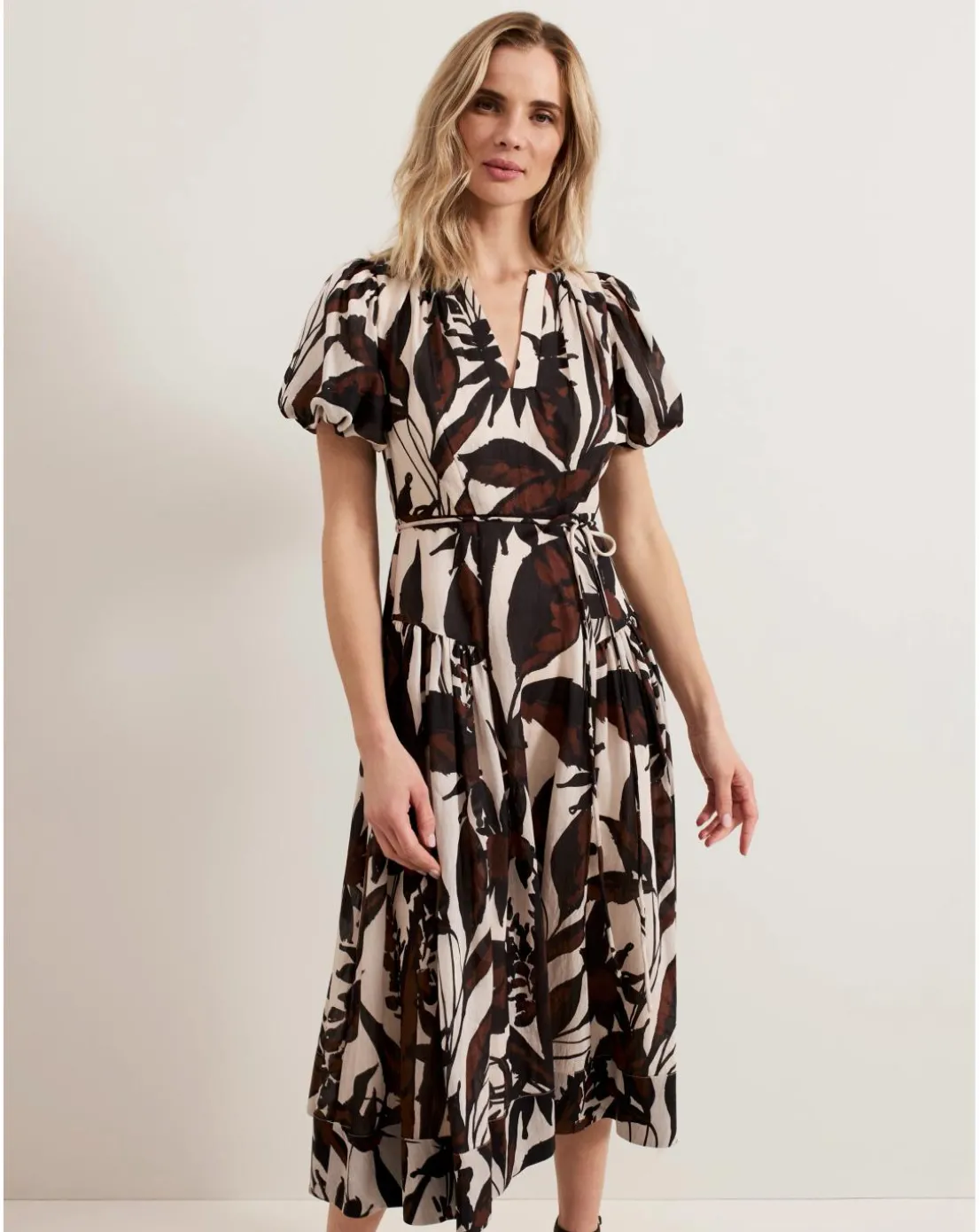 Phase Eight Zarah Printed Puff Sleeve V Neck Midi Dress