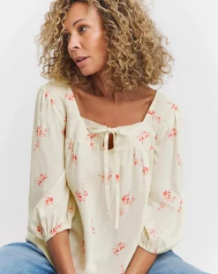 Pink Floral Square Neck Tie Front Top