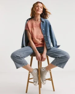 Pink Lace Trim Short Sleeve Longline Top