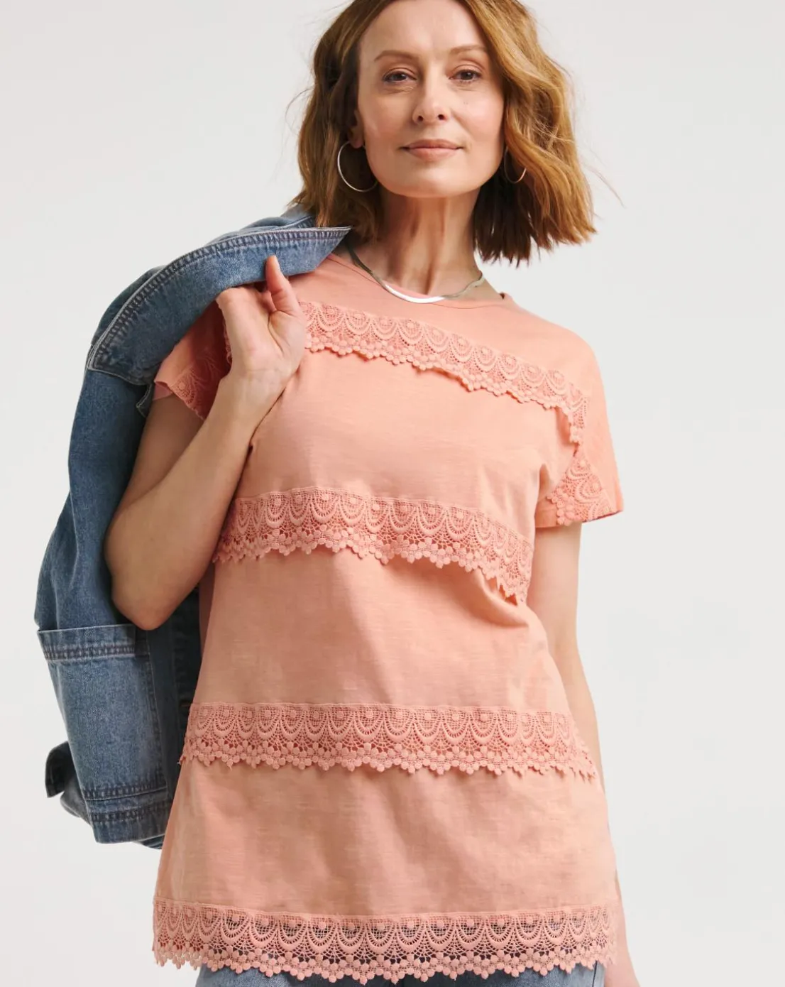 Pink Lace Trim Short Sleeve Longline Top