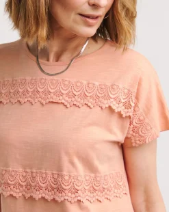 Pink Lace Trim Short Sleeve Longline Top