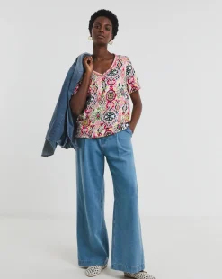 Pink Print V-Neck Bubble Hem Top