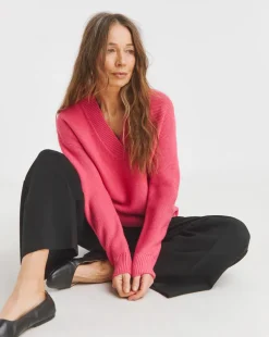 Pink V Neck Curved Hem Jumper