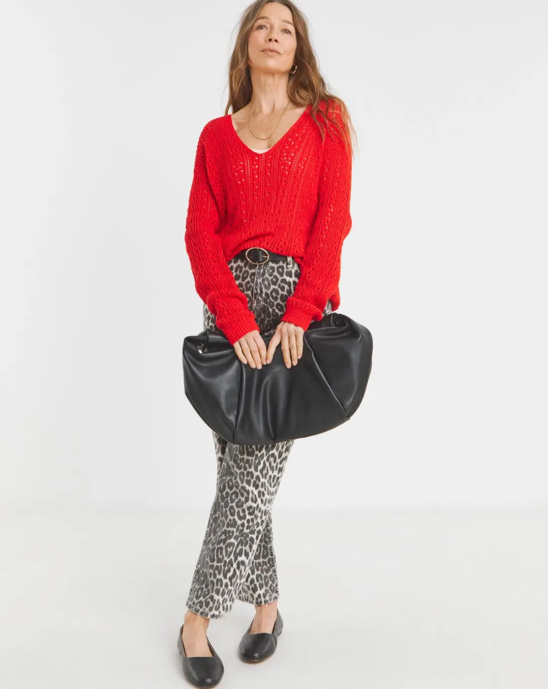 Pointelle All Over Stitch V Neck Jumper