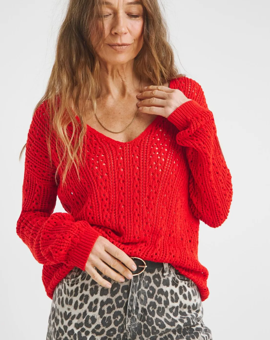 Pointelle All Over Stitch V Neck Jumper
