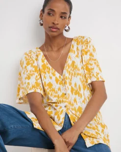 Print Button Front Angel Sleeve Top