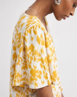 Print Button Front Angel Sleeve Top