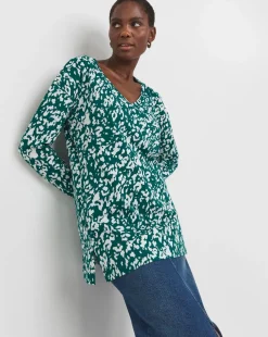 Print Long Sleeve V-Neck Slouch Longline Top