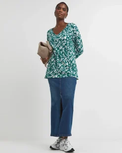 Print Long Sleeve V-Neck Slouch Longline Top