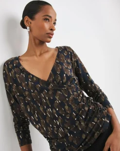 Print Ruched Sides V Neck Long Sleeve Top