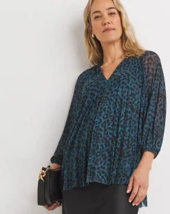 Print V-Neck Mesh Blouse