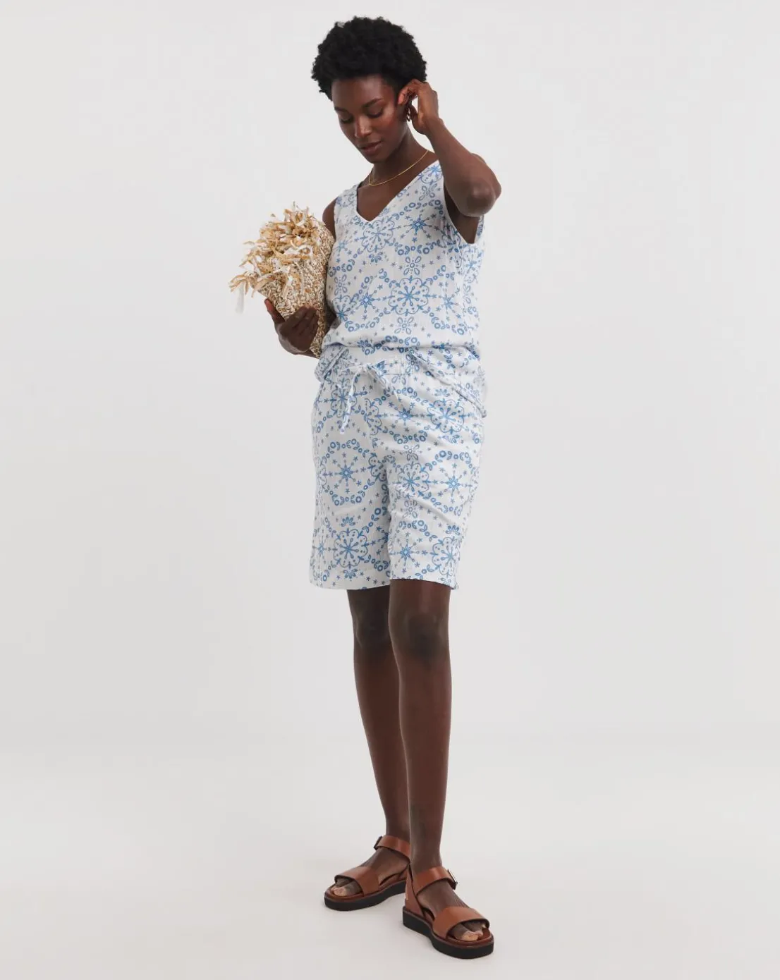 Printed Linen Mix Knee Length Shorts