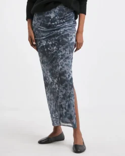 Printed Mesh Ruched Column Maxi Skirt