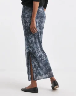 Printed Mesh Ruched Column Maxi Skirt