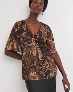 Printed Mesh V-Neck Angel Sleeve Top