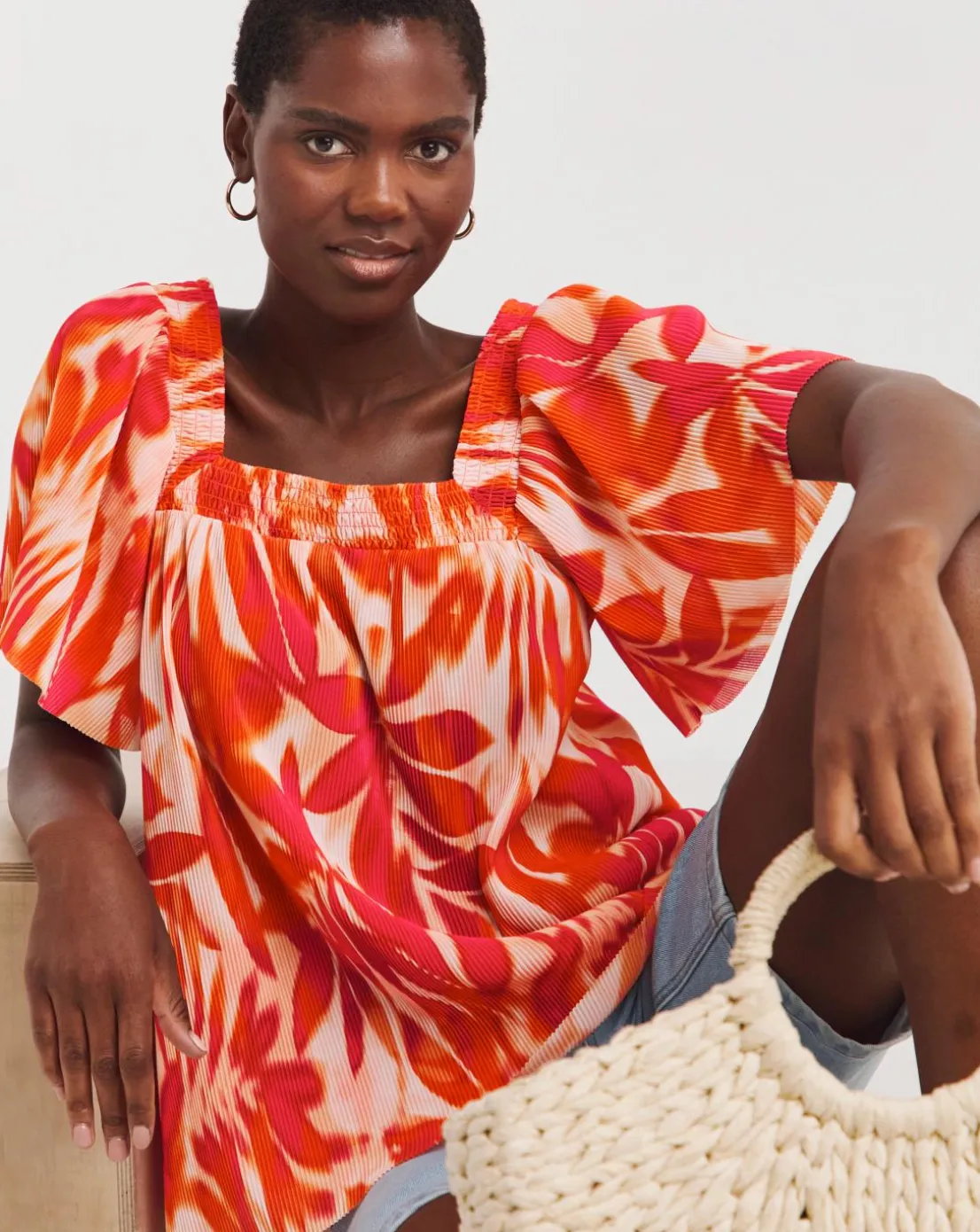 Printed Plisse Square Neck Top