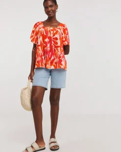 Printed Plisse Square Neck Top