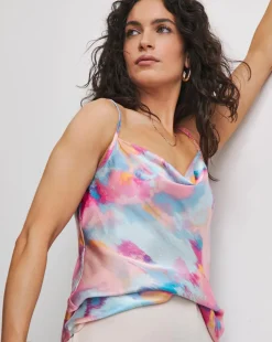 Printed Satin Cowl Neck Strappy Cami