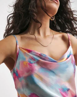 Printed Satin Cowl Neck Strappy Cami