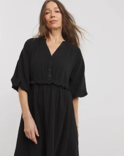 Pure Cotton Textured Bubble Sleeve Maxi Dress