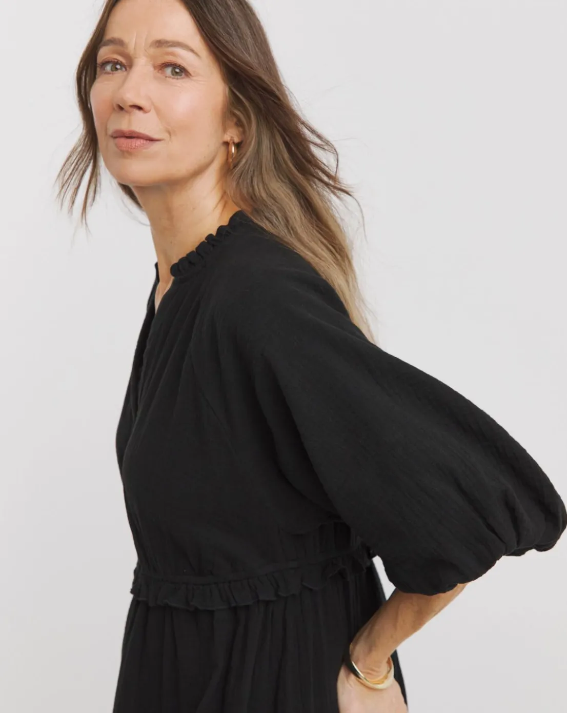 Pure Cotton Textured Bubble Sleeve Maxi Dress