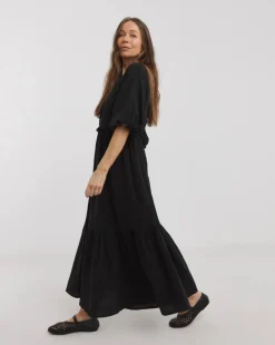 Pure Cotton Textured Bubble Sleeve Maxi Dress
