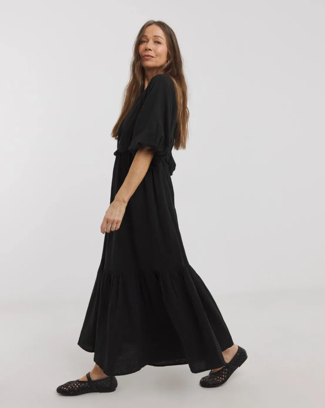Pure Cotton Textured Bubble Sleeve Maxi Dress