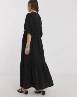Pure Cotton Textured Bubble Sleeve Maxi Dress