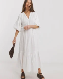 Pure Cotton Textured Bubble Sleeve Maxi Dress